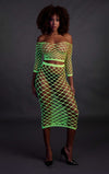 Set crop top cu mânecă lungă și fustă lungă tip plasă – compleu elegant XS-XL (one size), verde neon