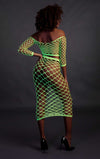 Set crop top cu mânecă lungă și fustă lungă tip plasă – compleu elegant XS-XL (one size), verde neon