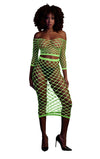 Set crop top cu mânecă lungă și fustă lungă tip plasă – compleu elegant XS-XL (one size), verde neon
