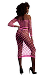 Set crop top cu mânecă lungă și fustă lungă tip plasă – compleu elegant XS-XL (one size), roz neon