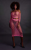 Set crop top cu mânecă lungă și fustă lungă tip plasă – compleu elegant XS-XL (one size), roz neon