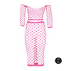 Set crop top cu mânecă lungă și fustă lungă tip plasă – compleu elegant XS-XL (one size), roz neon
