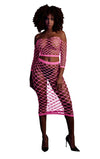Set crop top cu mânecă lungă și fustă lungă tip plasă – compleu elegant XS-XL (one size), roz neon