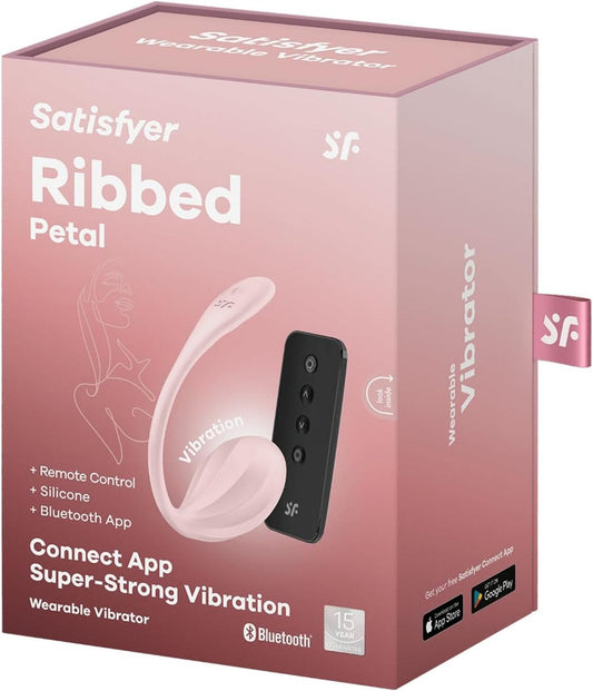 Ou vibrator Satisfyer Ribbed Petal cu 12 moduri de vibratii, control prin aplicatie si telecomanda wireless, incarcare magnetica USB, silentios, silicon premium, roz Erosvita