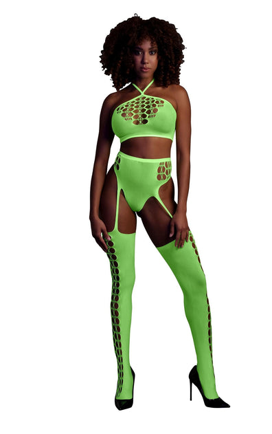 Set cu bustiera, chilot, portjartier și dres - compleu elegant XS-XL (one size), verde neon