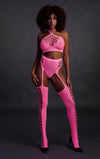 Set cu bustiera, chilot, portjartier și dres - compleu elegant XS-XL (one size), roz neon