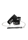 Set bondage cu zgarda, lesa si catuse din piele B&W Ouch! accesorii BDSM cu prinderi si detalii metalice, negru