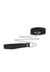 Set bondage cu zgarda, lesa si catuse din piele B&W Ouch! accesorii BDSM cu prinderi si detalii metalice, negru