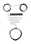 Set bondage cu zgarda, lesa si catuse din piele B&W Ouch! accesorii BDSM cu prinderi si detalii metalice, negru