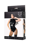 Body fetish wetlook Adriana cu ham accesorizat si portjartier, lenjerie erotica din vinil, negru