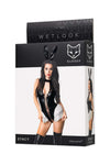 Costum erotic de ierpuras wetlook Stacy - set body open-crotch din vinil cu chocker si bentita, negru