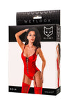 Body wetlook Doja cu decolteu provocator, siret frontal, insertii metalice si efect glossy, rosu