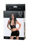 Costum sexy wetlook Gigli cu top crop si fusta mini - set lenjerie erotica 2 piese din vinil cu dantela, negru